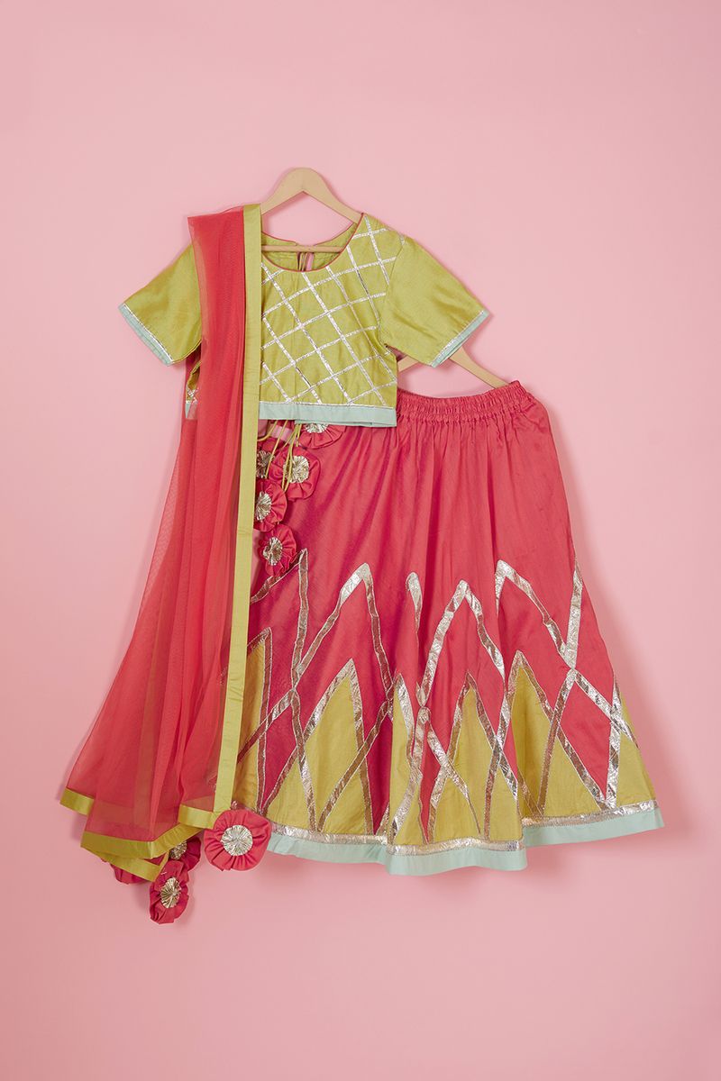 Green and pink grid lehenga main image 1