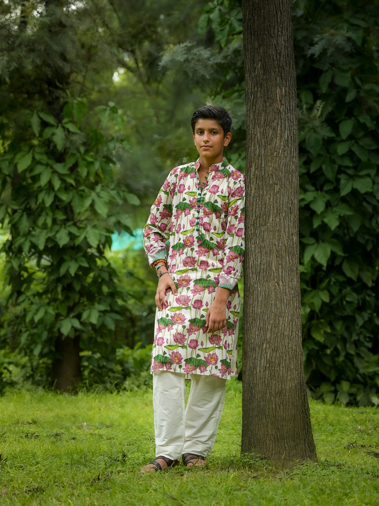 Mrinal Golden Yellow Lotus Motif Thread Work Kurta Set